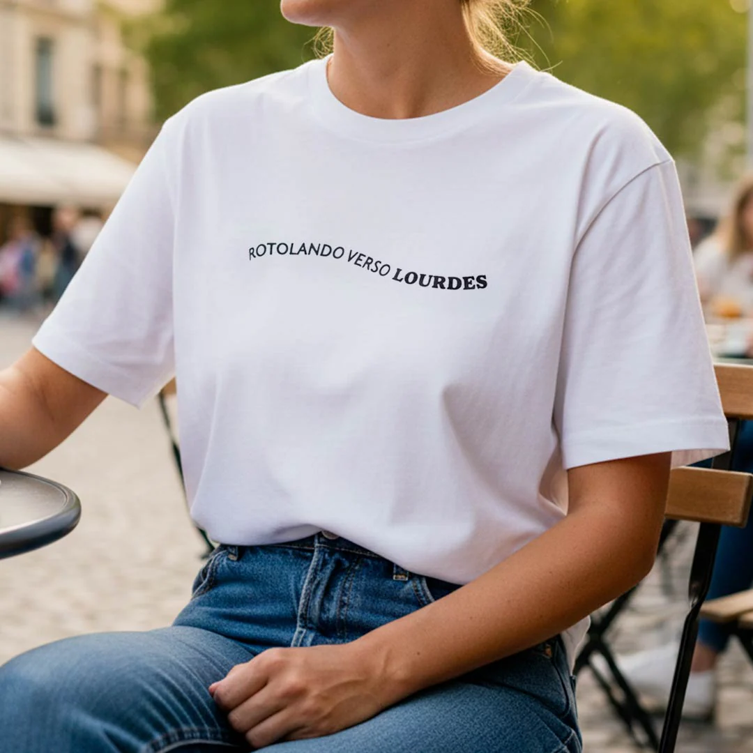 T-shirt con ricamo "Rotolando verso Lourdes"